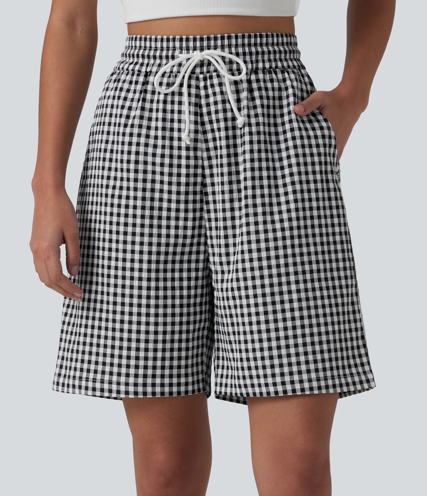 High Waisted Drawstring Gingham Plaid Resort Baggy Shorts with Pockets