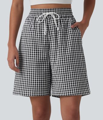 High Waisted Drawstring Gingham Plaid Resort Baggy Shorts with Pockets