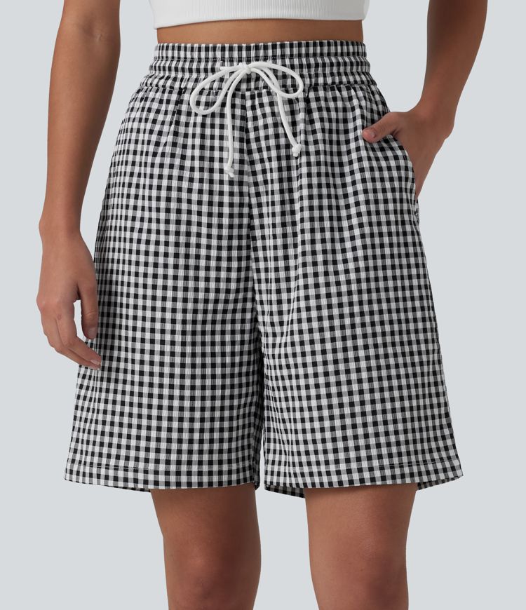 High Waisted Drawstring Gingham Plaid Resort Baggy Shorts with Pockets
