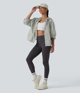 Lightweight Hooded Drawstring Long Sleeve Running Jacket with Pockets-UPF50+