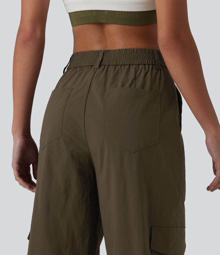 Pantalon cargo droit de randonnée taille haute avec poches