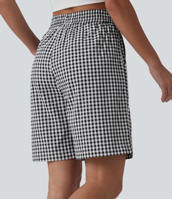 High Waisted Drawstring Gingham Plaid Resort Baggy Shorts with Pockets