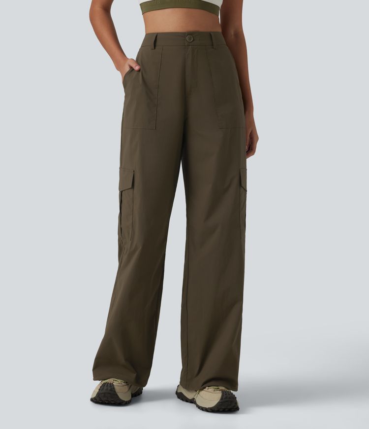 Pantalon cargo droit de randonnée taille haute avec poches