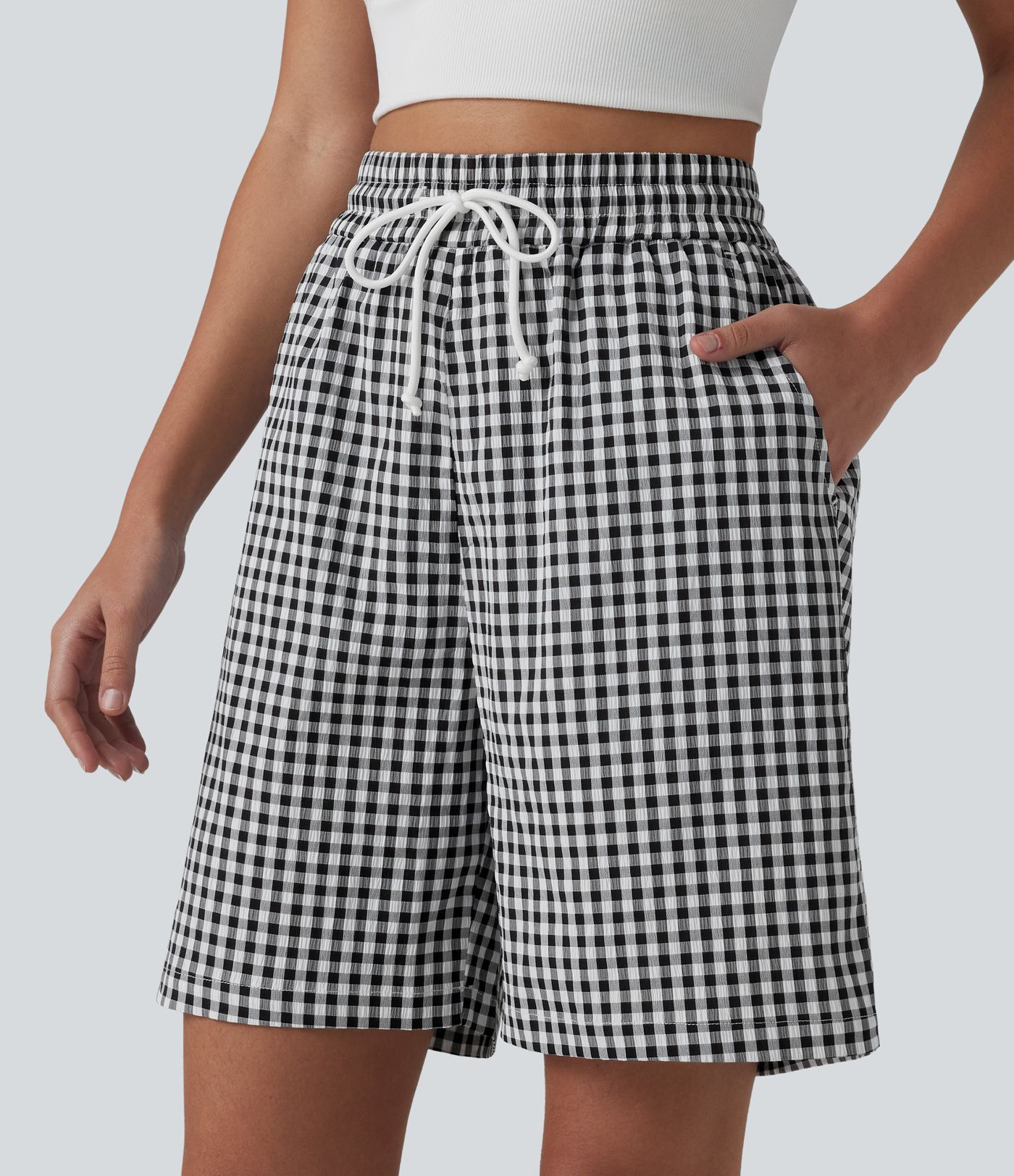High Waisted Drawstring Gingham Plaid Resort Baggy Shorts with Pockets