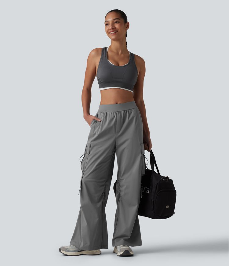 Pantalon cargo bootcut de sport taille mi-haute avec fronces et liens et poches