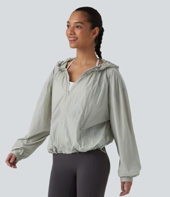 Lightweight Hooded Drawstring Long Sleeve Running Jacket with Pockets-UPF50+