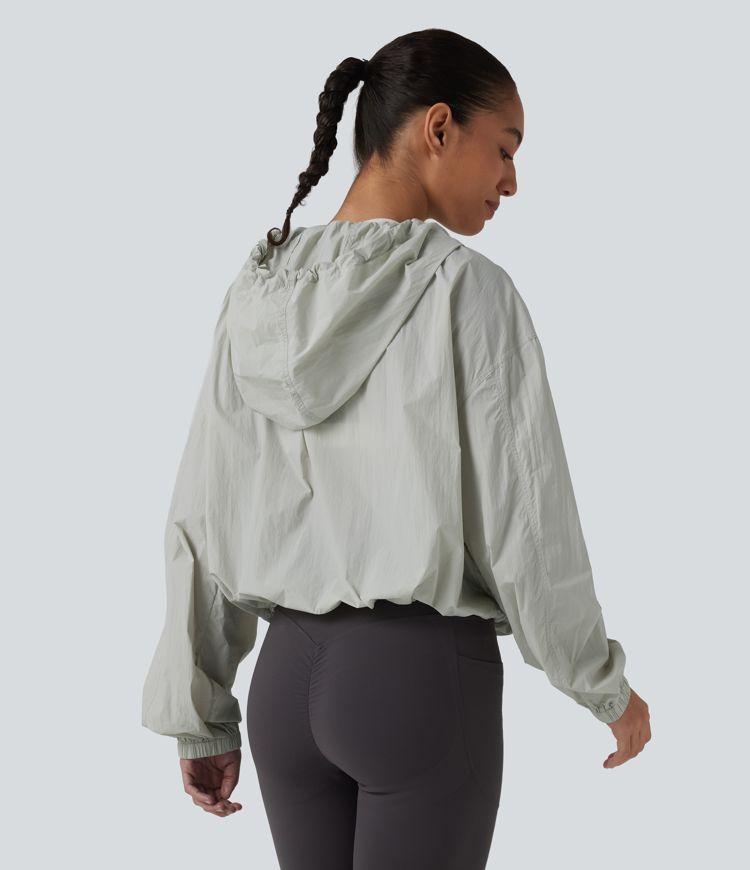 Lightweight Hooded Drawstring Long Sleeve Running Jacket with Pockets-UPF50+