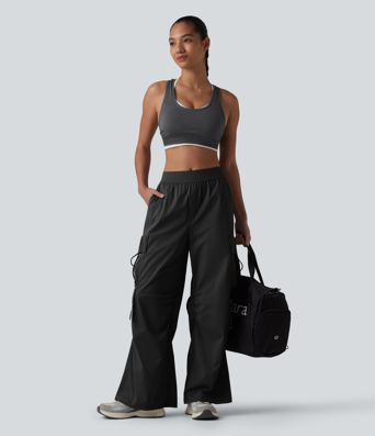 Mid Rise Ruched Tie Workout Cargo Bootcut Pants with Pockets