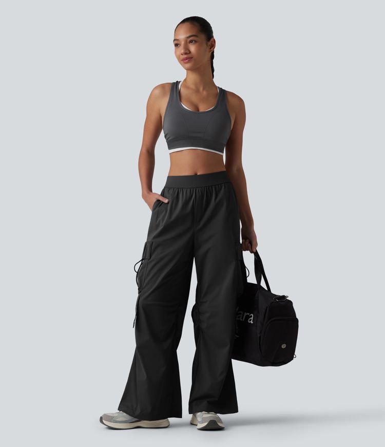 Mid Rise Ruched Tie Workout Cargo Bootcut Pants with Pockets