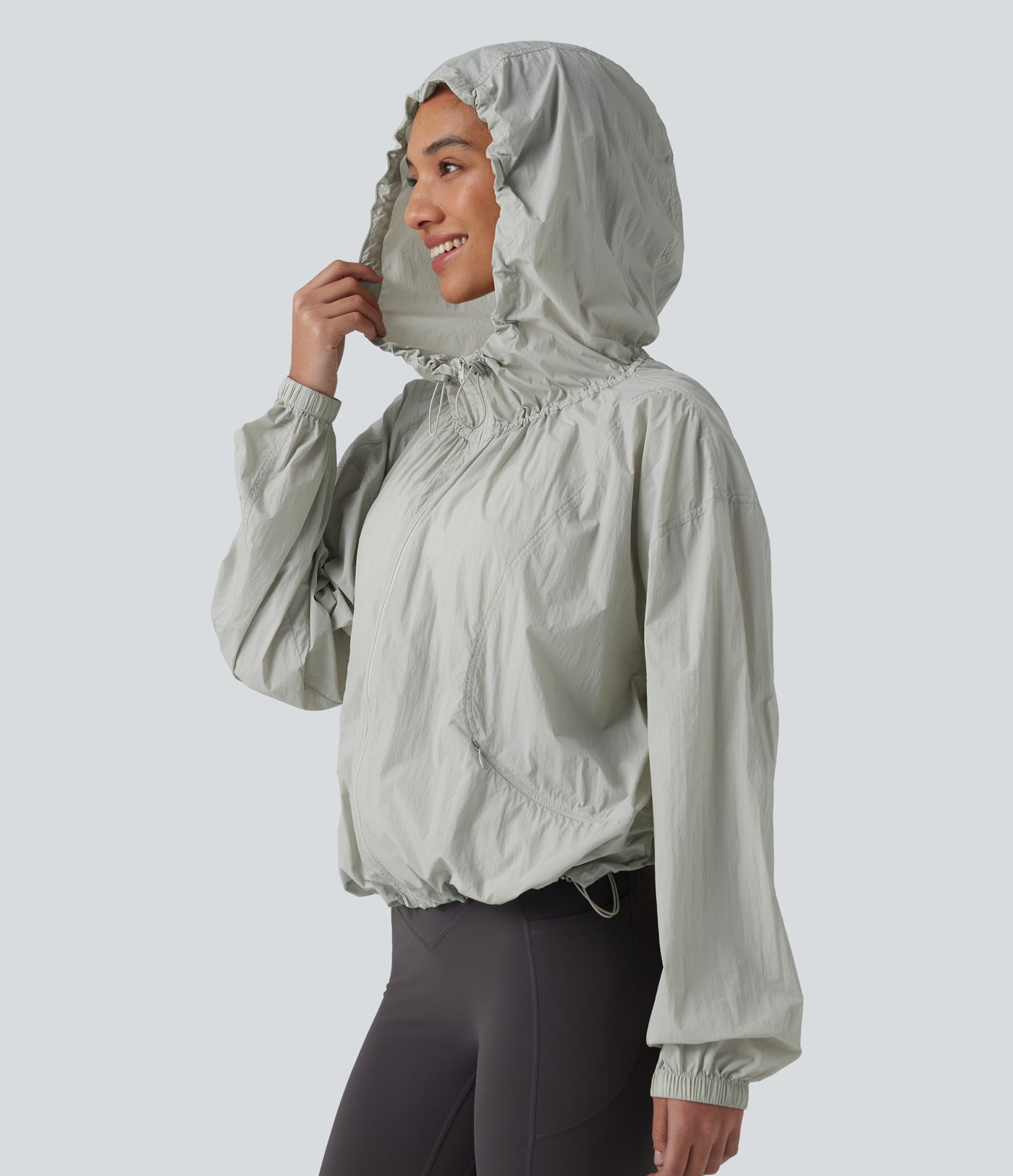 Lightweight Hooded Drawstring Long Sleeve Running Jacket with Pockets-UPF50+