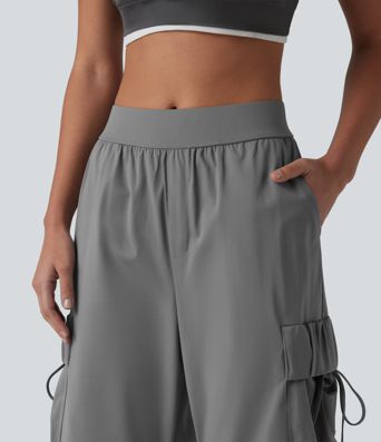 Pantalon cargo bootcut de sport taille mi-haute avec fronces et liens et poches