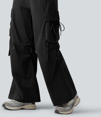 Mid Rise Ruched Tie Workout Cargo Bootcut Pants with Pockets