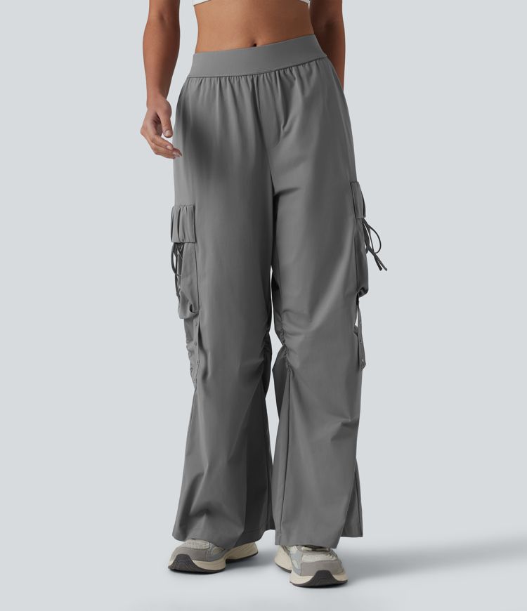 Pantalon cargo bootcut de sport taille mi-haute avec fronces et liens et poches