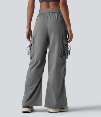 Pantalon cargo bootcut de sport taille mi-haute avec fronces et liens et poches