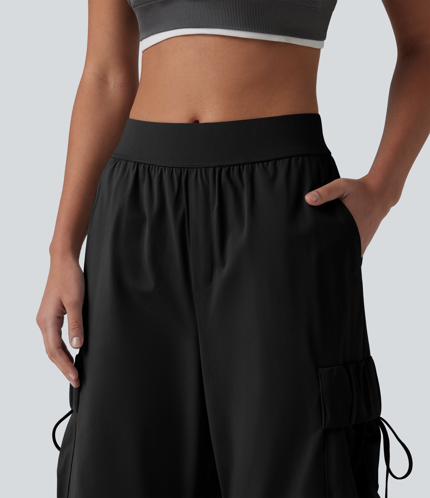 Mid Rise Ruched Tie Workout Cargo Bootcut Pants with Pockets