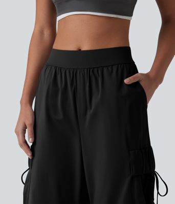 Mid Rise Ruched Tie Workout Cargo Bootcut Pants with Pockets