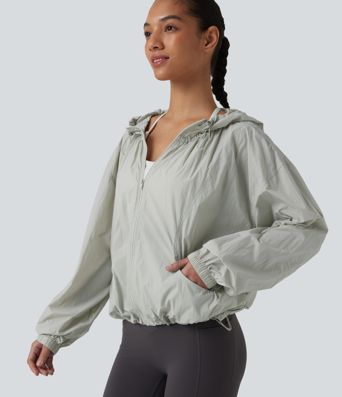 Lightweight Hooded Drawstring Long Sleeve Running Jacket with Pockets-UPF50+