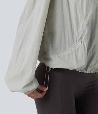 Lightweight Hooded Drawstring Long Sleeve Running Jacket with Pockets-UPF50+