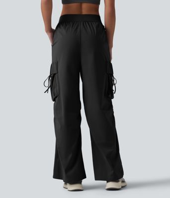 Mid Rise Ruched Tie Workout Cargo Bootcut Pants with Pockets