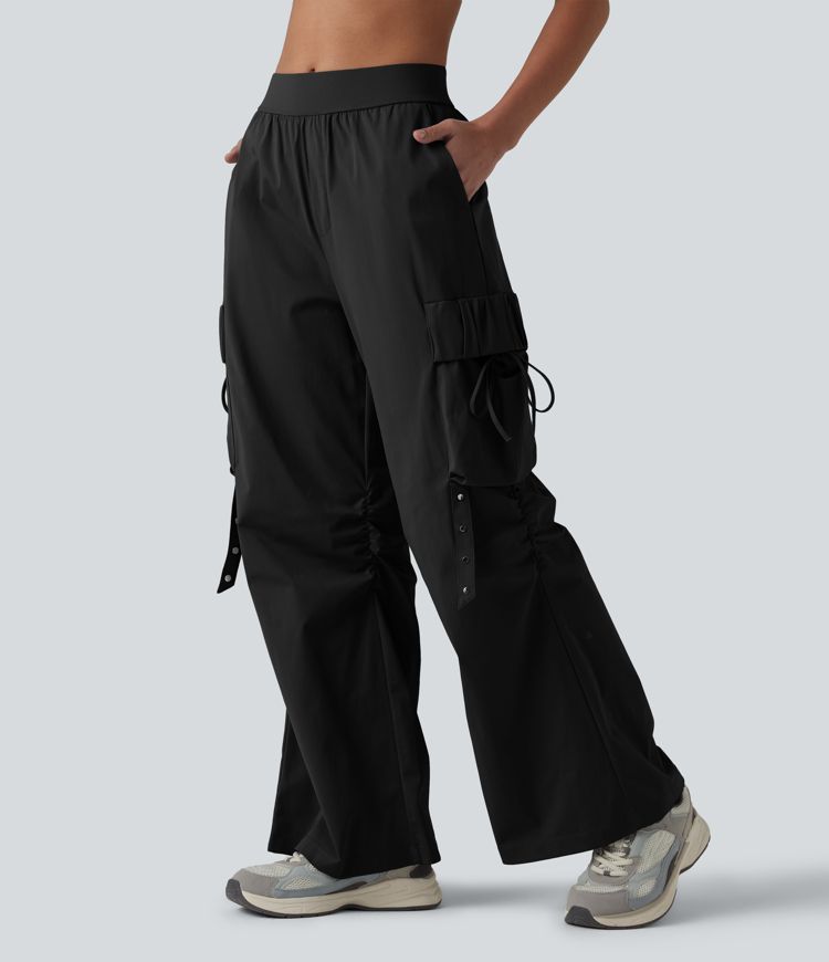 Mid Rise Ruched Tie Workout Cargo Bootcut Pants with Pockets