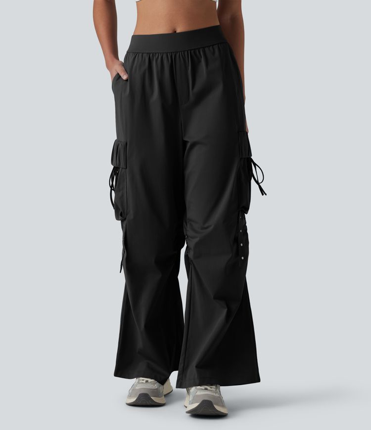 Mid Rise Ruched Tie Workout Cargo Bootcut Pants with Pockets