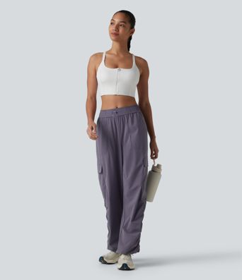 Mid Rise Adjustable Drawcord Ruched Quick Dry Running Cargo Joggers with Pockets