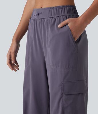 Mid Rise Adjustable Drawcord Ruched Quick Dry Running Cargo Joggers with Pockets