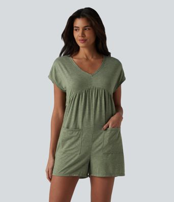 Cowl-back V-neck Cap Sleeve Heathered Casual Romper with Pockets-Easy Peezy