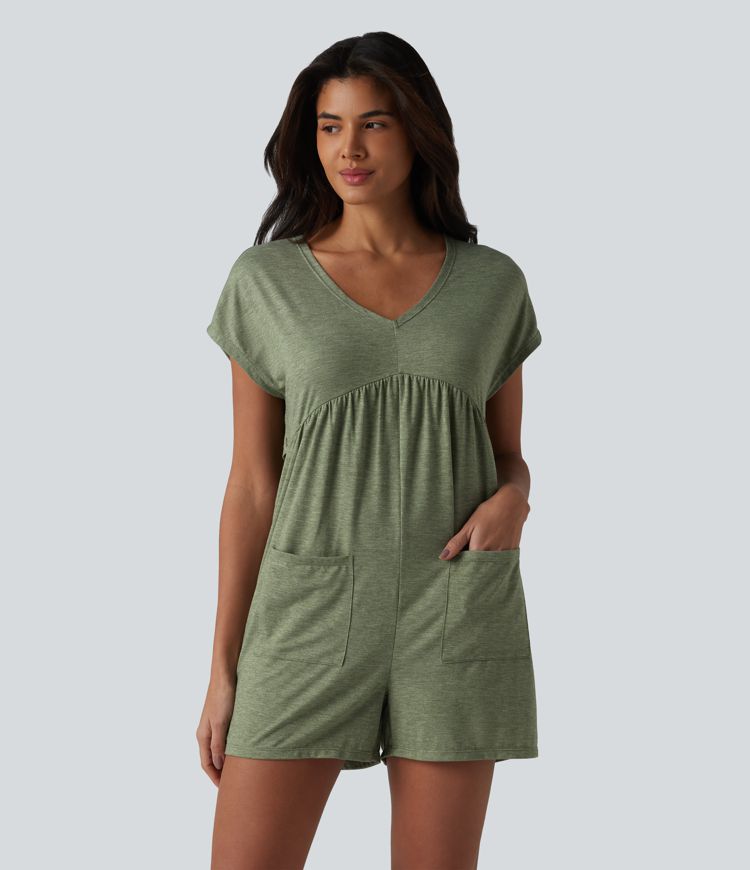 Cowl-back V-neck Cap Sleeve Heathered Casual Romper with Pockets-Easy Peezy