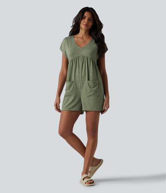 Cowl-back V-neck Cap Sleeve Heathered Casual Romper with Pockets-Easy Peezy