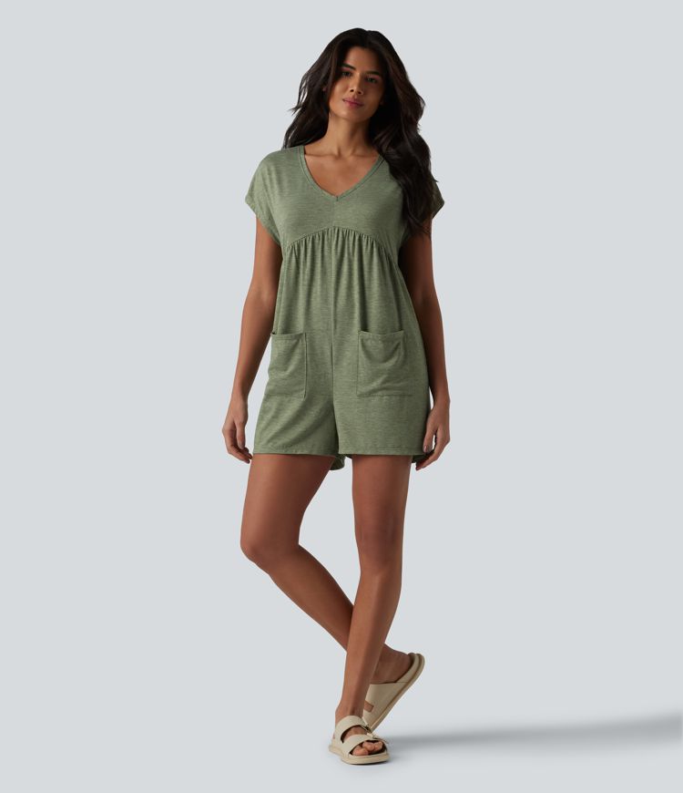 Cowl-back V-neck Cap Sleeve Heathered Casual Romper with Pockets-Easy Peezy