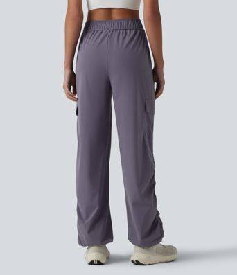 Mid Rise Adjustable Drawcord Ruched Quick Dry Running Cargo Joggers with Pockets