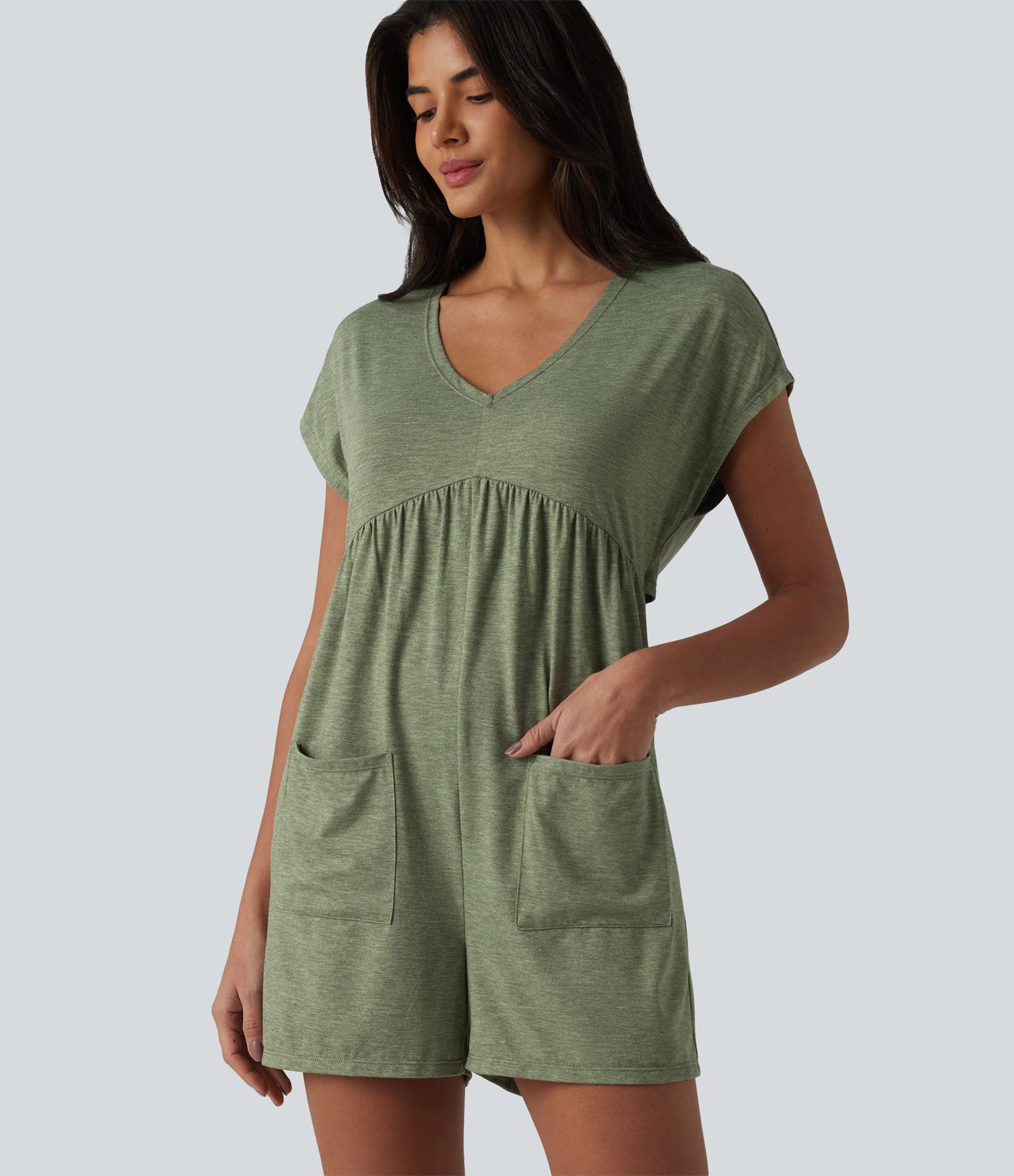 Cowl-back V-neck Cap Sleeve Heathered Casual Romper with Pockets-Easy Peezy