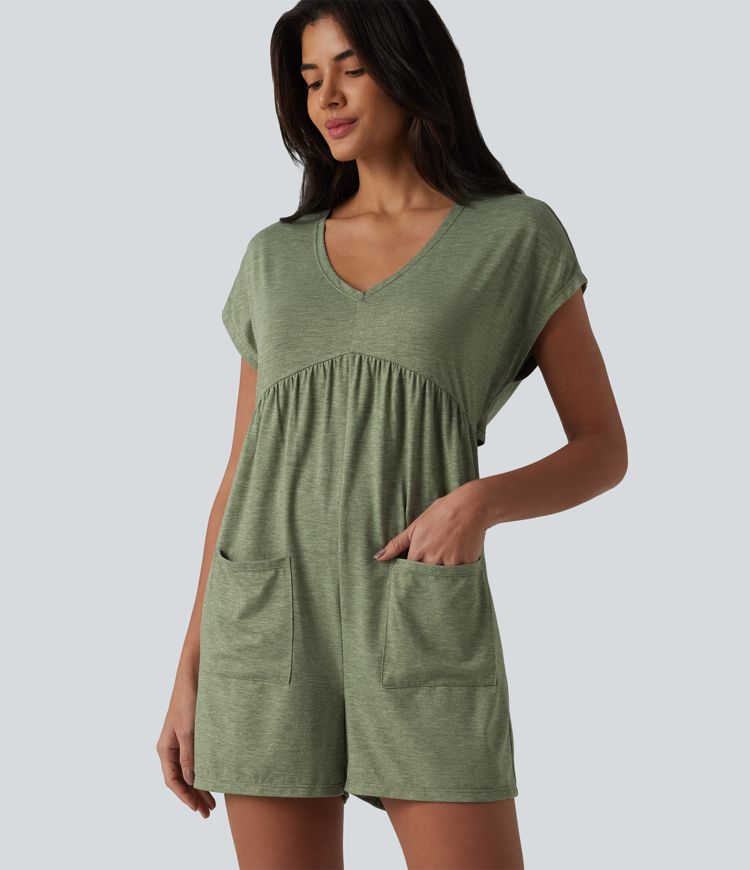 Cowl-back V-neck Cap Sleeve Heathered Casual Romper with Pockets-Easy Peezy