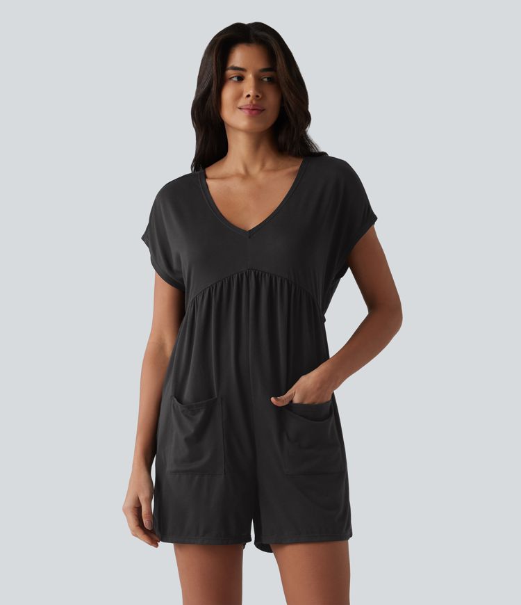 Cowl-back V-neck Cap Sleeve Heathered Casual Romper with Pockets-Easy Peezy Cowl-back V-neck Cap Sleeve Heathered Casual Romper with Pockets-Easy Peezy