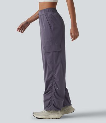 Mid Rise Adjustable Drawcord Ruched Quick Dry Running Cargo Joggers with Pockets