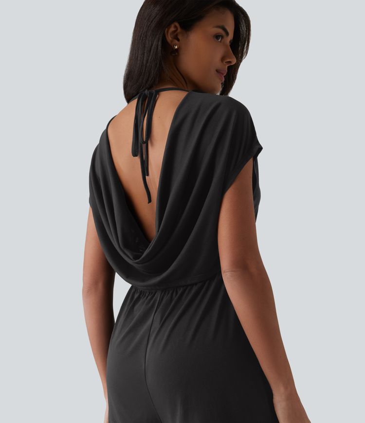 Cowl-back V-neck Cap Sleeve Heathered Casual Romper with Pockets-Easy Peezy Cowl-back V-neck Cap Sleeve Heathered Casual Romper with Pockets-Easy Peezy