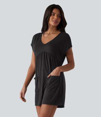 Cowl-back V-neck Cap Sleeve Heathered Casual Romper with Pockets-Easy Peezy Cowl-back V-neck Cap Sleeve Heathered Casual Romper with Pockets-Easy Peezy