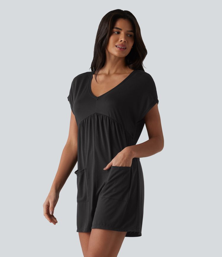 Cowl-back V-neck Cap Sleeve Heathered Casual Romper with Pockets-Easy Peezy Cowl-back V-neck Cap Sleeve Heathered Casual Romper with Pockets-Easy Peezy