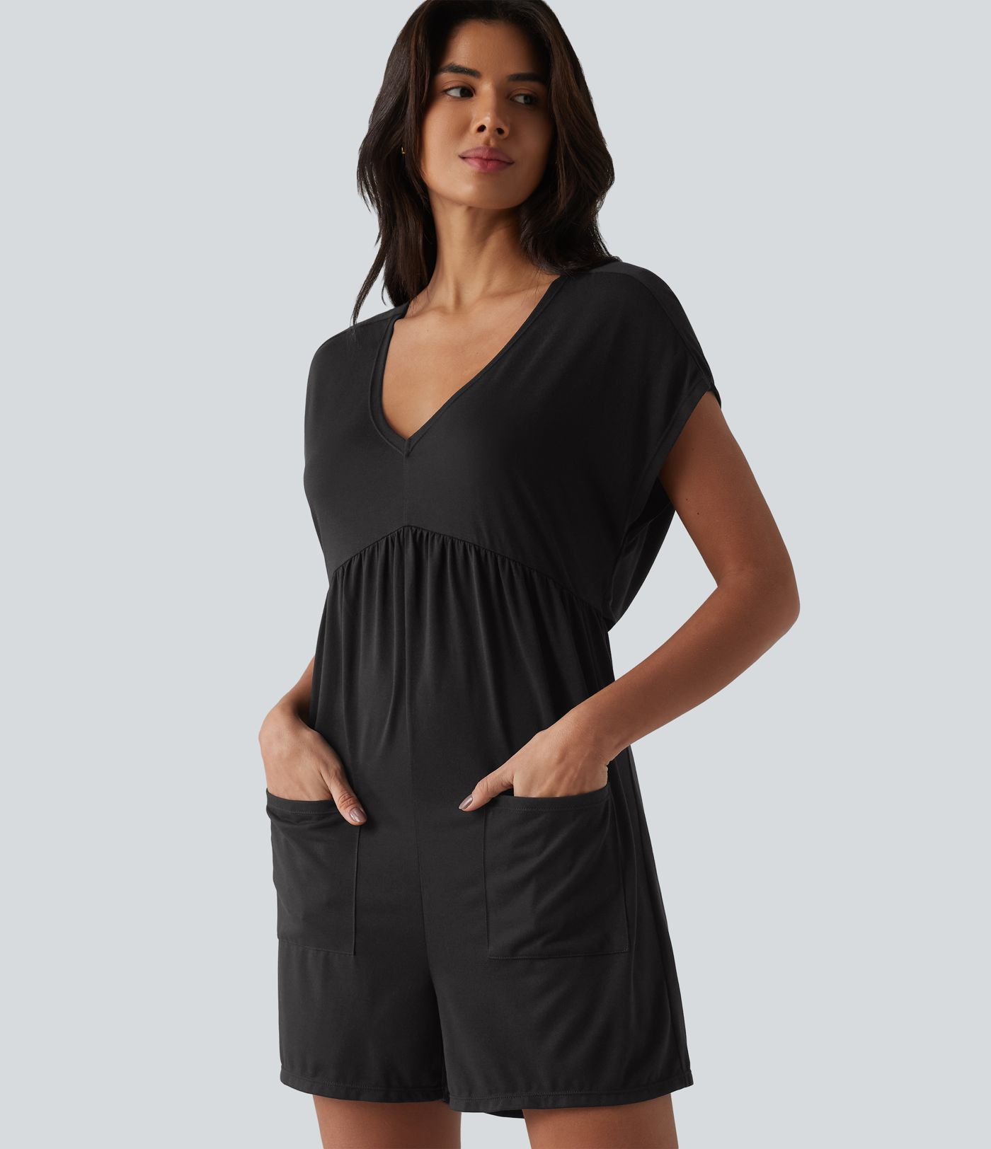 Cowl-back V-neck Cap Sleeve Heathered Casual Romper with Pockets-Easy Peezy Cowl-back V-neck Cap Sleeve Heathered Casual Romper with Pockets-Easy Peezy