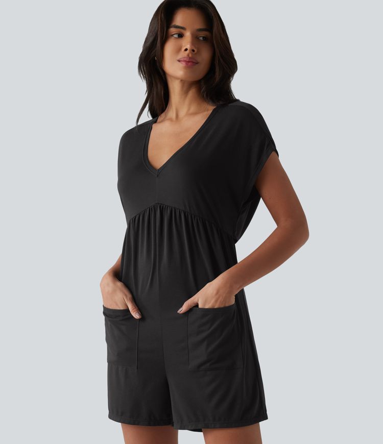 Cowl-back V-neck Cap Sleeve Heathered Casual Romper with Pockets-Easy Peezy Cowl-back V-neck Cap Sleeve Heathered Casual Romper with Pockets-Easy Peezy
