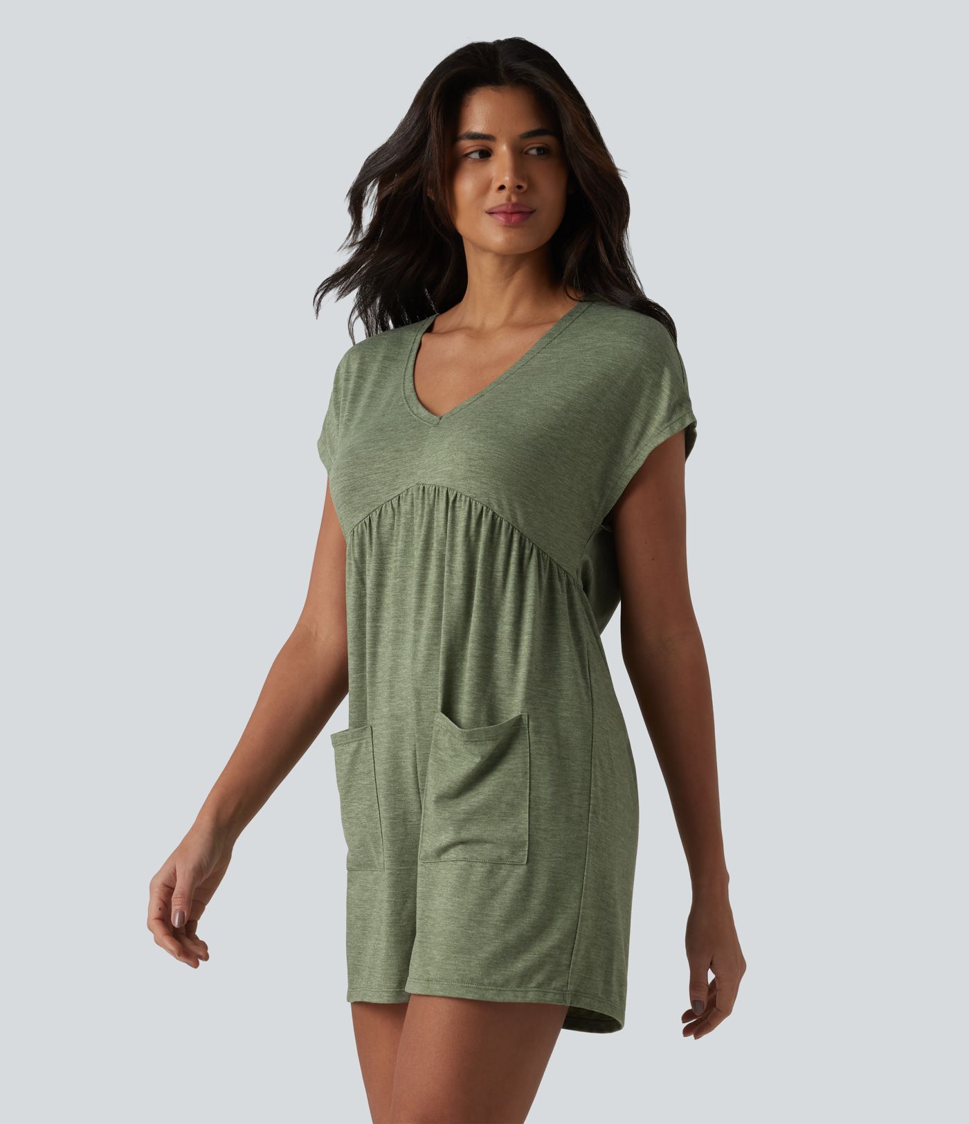 Cowl-back V-neck Cap Sleeve Heathered Casual Romper with Pockets-Easy Peezy