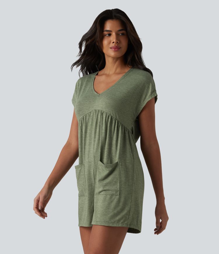 Cowl-back V-neck Cap Sleeve Heathered Casual Romper with Pockets-Easy Peezy