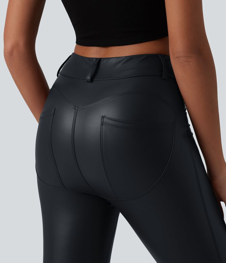 High Waisted Stretchy PU Casual Capri Leggings with Pockets High Waisted Stretchy PU Casual Capri Leggings with Pockets