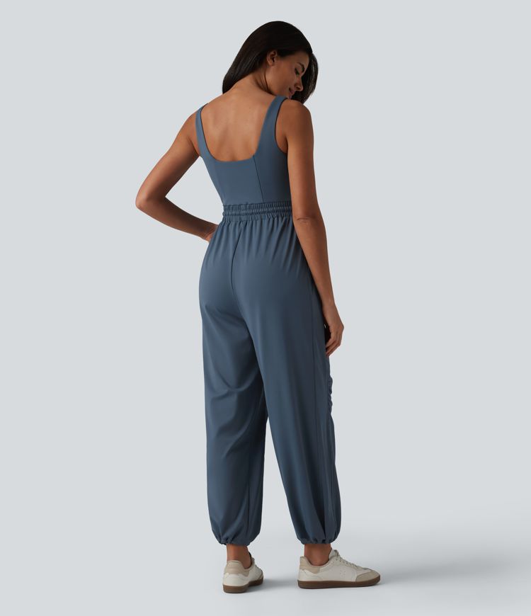 U-neck Sleeveless Drawstring Ruched Casual Jumpsuit with Pockets U-neck Sleeveless Drawstring Ruched Casual Jumpsuit with Pockets