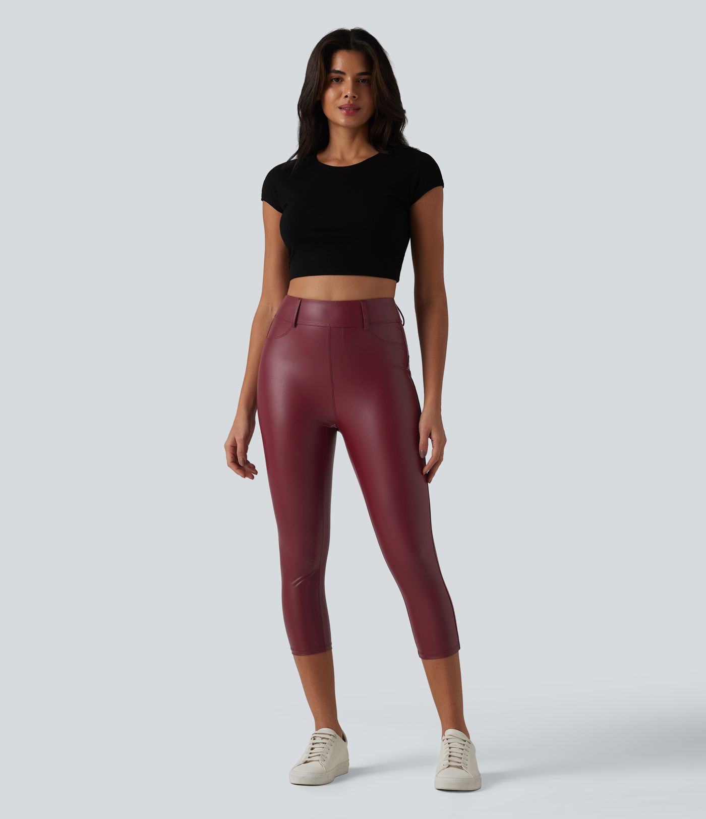 Leggings Capri décontractés taille haute en PU extensible avec poches