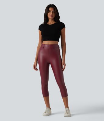 Leggings Capri décontractés taille haute en PU extensible avec poches