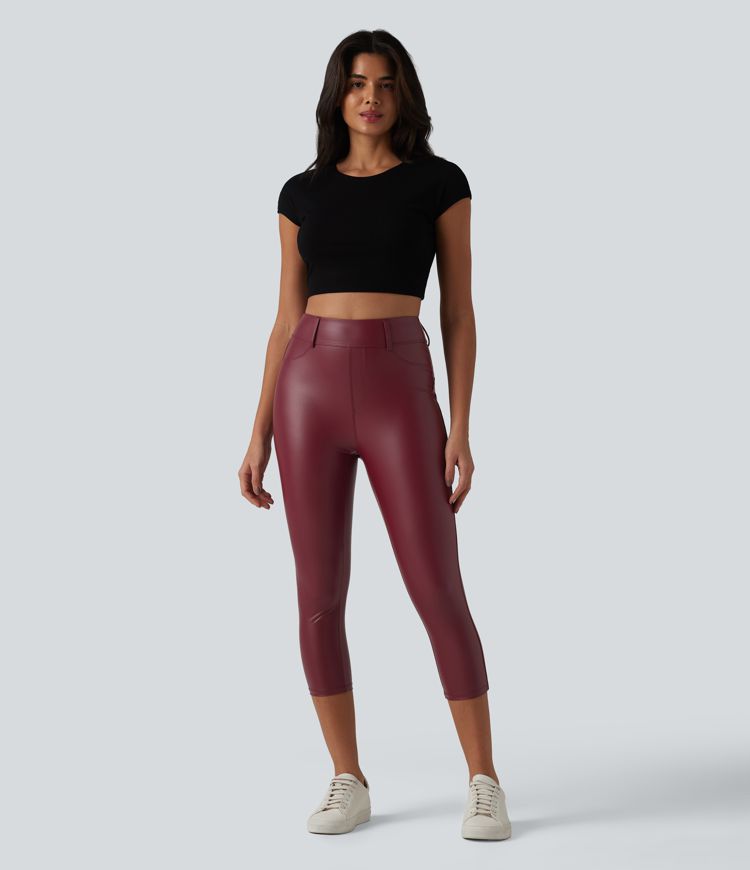 Leggings Capri décontractés taille haute en PU extensible avec poches