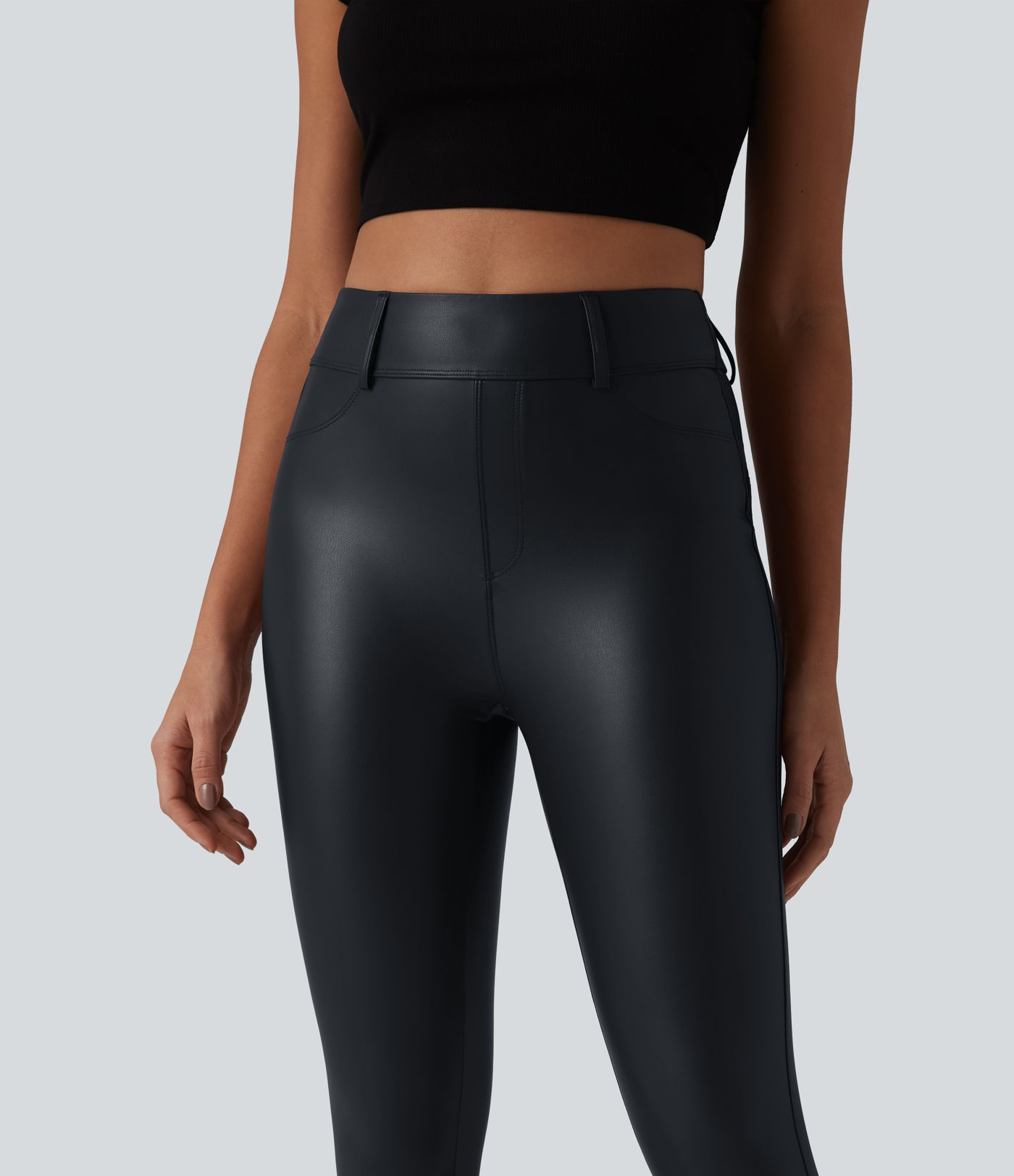 High Waisted Stretchy PU Casual Capri Leggings with Pockets High Waisted Stretchy PU Casual Capri Leggings with Pockets