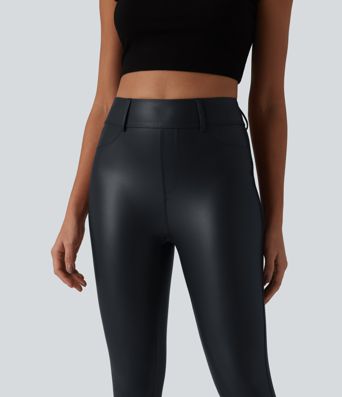 High Waisted Stretchy PU Casual Capri Leggings with Pockets High Waisted Stretchy PU Casual Capri Leggings with Pockets